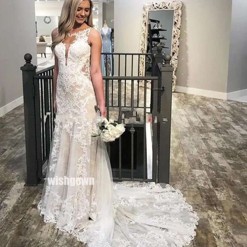 Dreamy Long Wedding Gown with Elegant Embroidery and Lace Details - WDH048
