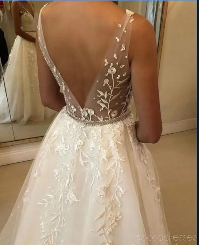 Affordable Backless V-Neck Lace Wedding Dress- Elegant Bridal Gown, WD483