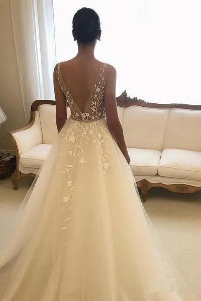 Affordable Backless V-Neck Lace Wedding Dress- Elegant Bridal Gown, WD483