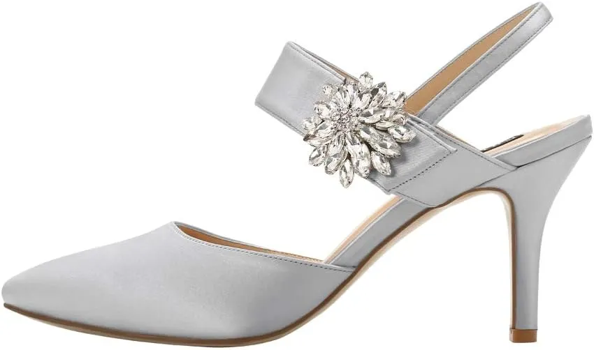 ERIJUNOR Mid Heel Shoes for Women Pointed Toe Slingback Rhinestone Brooch Satin Dress Pumps Evening Prom Wedding Shoes