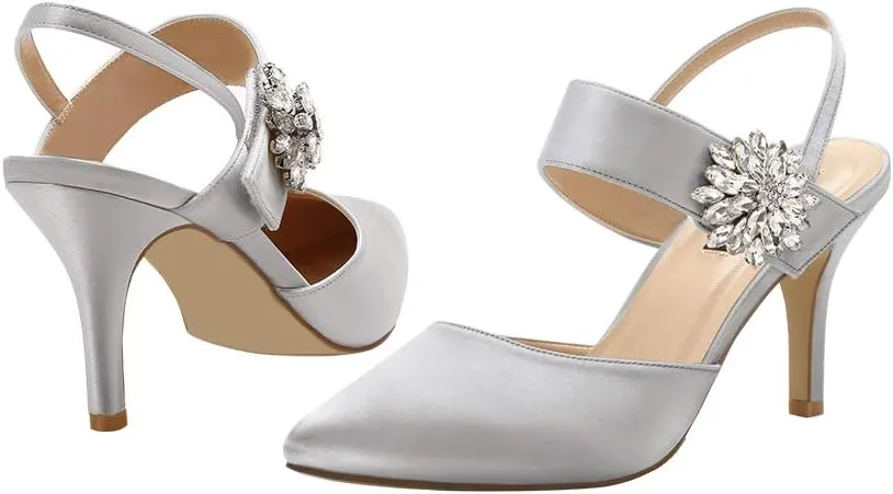 ERIJUNOR Mid Heel Shoes for Women Pointed Toe Slingback Rhinestone Brooch Satin Dress Pumps Evening Prom Wedding Shoes