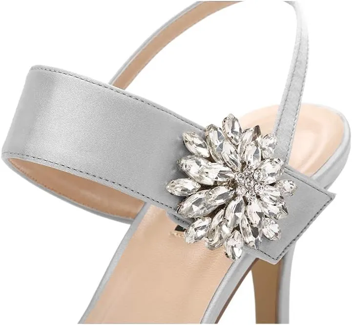 ERIJUNOR Mid Heel Shoes for Women Pointed Toe Slingback Rhinestone Brooch Satin Dress Pumps Evening Prom Wedding Shoes