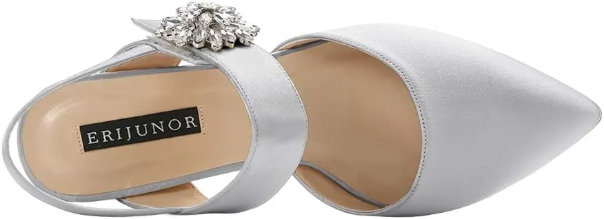 ERIJUNOR Mid Heel Shoes for Women Pointed Toe Slingback Rhinestone Brooch Satin Dress Pumps Evening Prom Wedding Shoes