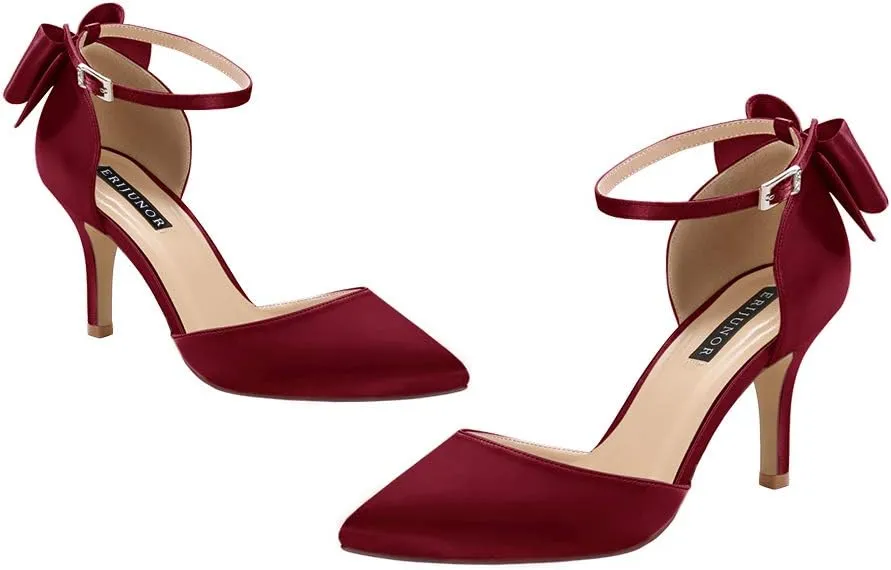 ERIJUNOR Wedding Evening Party Shoes Comfortable Mid Heels Pumps with Bow Knot Ankle Strap Wide Width Satin Shoes