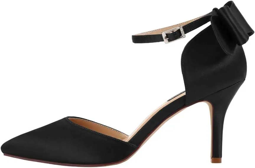 ERIJUNOR Wedding Evening Party Shoes Comfortable Mid Heels Pumps with Bow Knot Ankle Strap Wide Width Satin Shoes