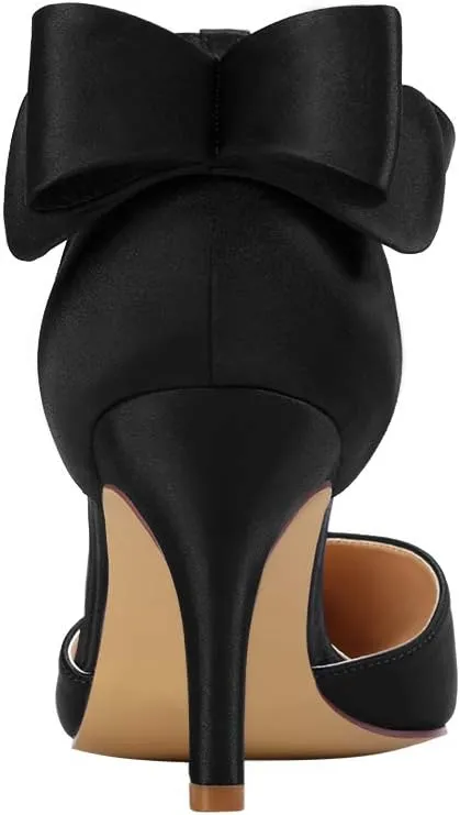 ERIJUNOR Wedding Evening Party Shoes Comfortable Mid Heels Pumps with Bow Knot Ankle Strap Wide Width Satin Shoes
