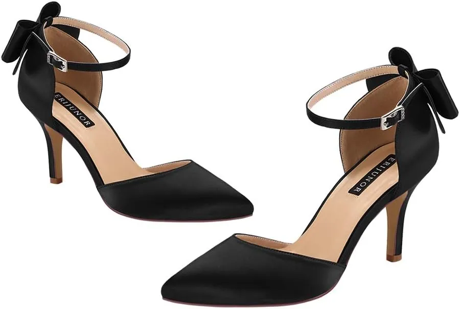 ERIJUNOR Wedding Evening Party Shoes Comfortable Mid Heels Pumps with Bow Knot Ankle Strap Wide Width Satin Shoes