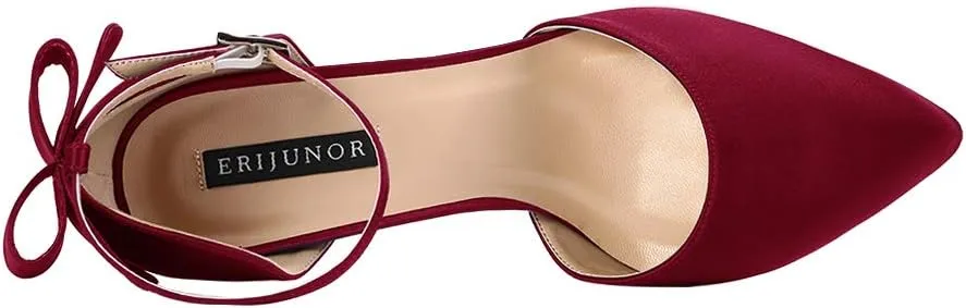 ERIJUNOR Wedding Evening Party Shoes Comfortable Mid Heels Pumps with Bow Knot Ankle Strap Wide Width Satin Shoes