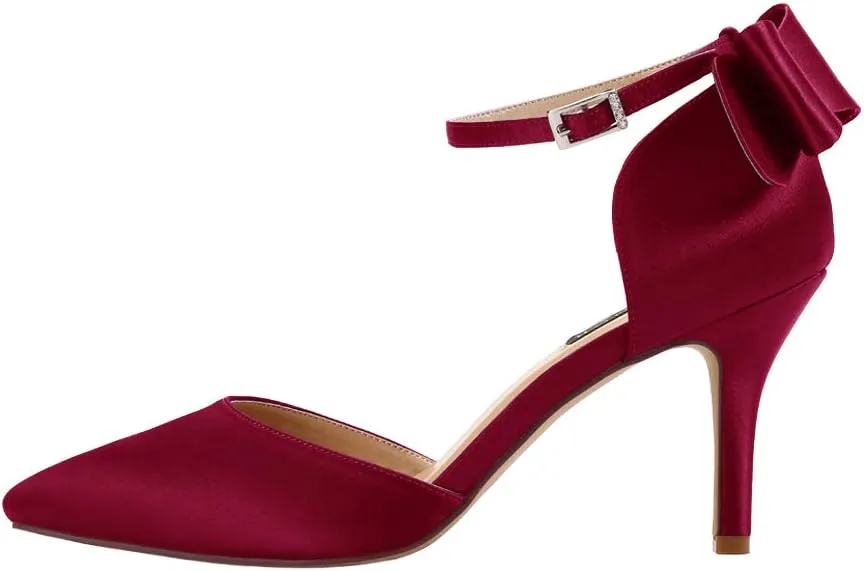 ERIJUNOR Wedding Evening Party Shoes Comfortable Mid Heels Pumps with Bow Knot Ankle Strap Wide Width Satin Shoes