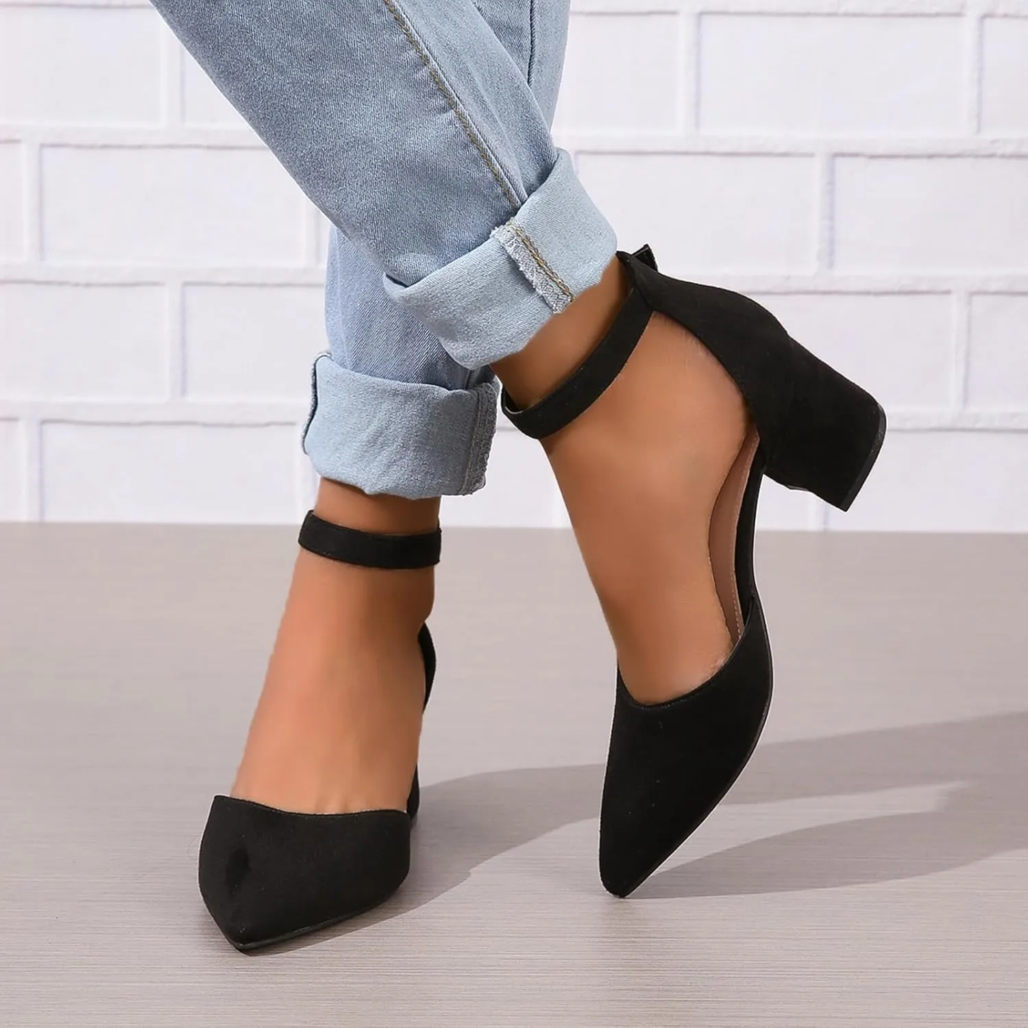 Generic Women's Closed Pointed Toe Ankle Strap Low Block Chunky Heels Sandals Wedding Party Dress Pumps Shoes