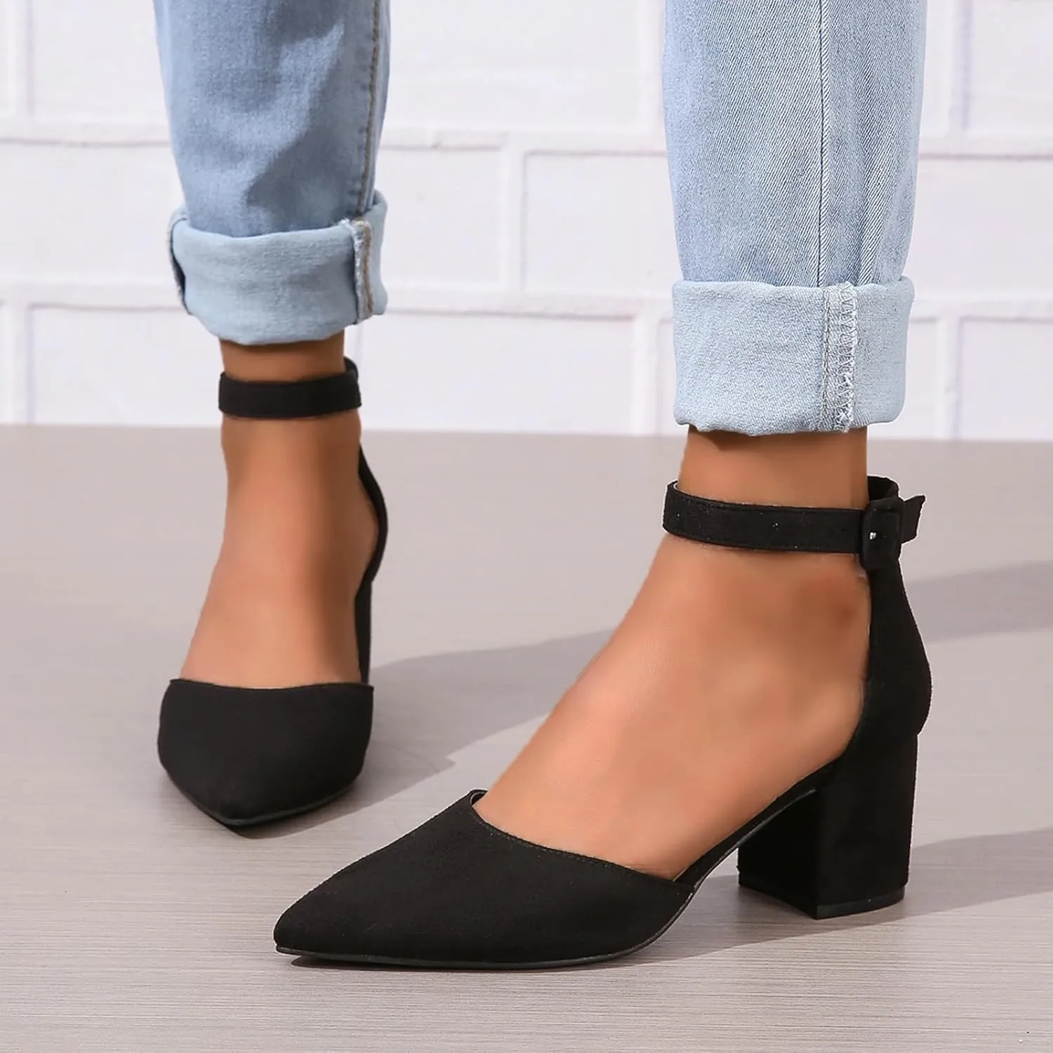 Generic Women's Closed Pointed Toe Ankle Strap Low Block Chunky Heels Sandals Wedding Party Dress Pumps Shoes