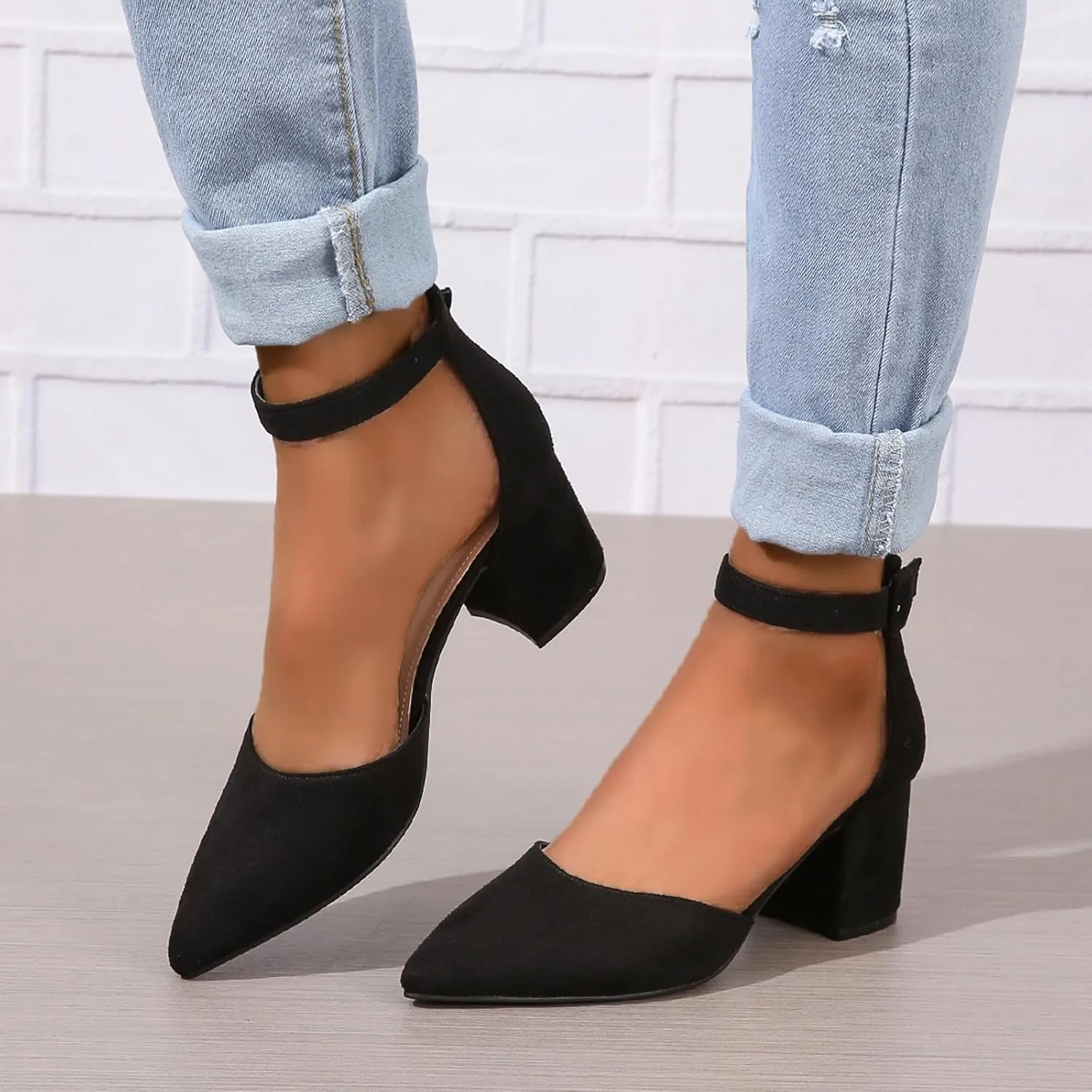 Generic Women's Closed Pointed Toe Ankle Strap Low Block Chunky Heels Sandals Wedding Party Dress Pumps Shoes