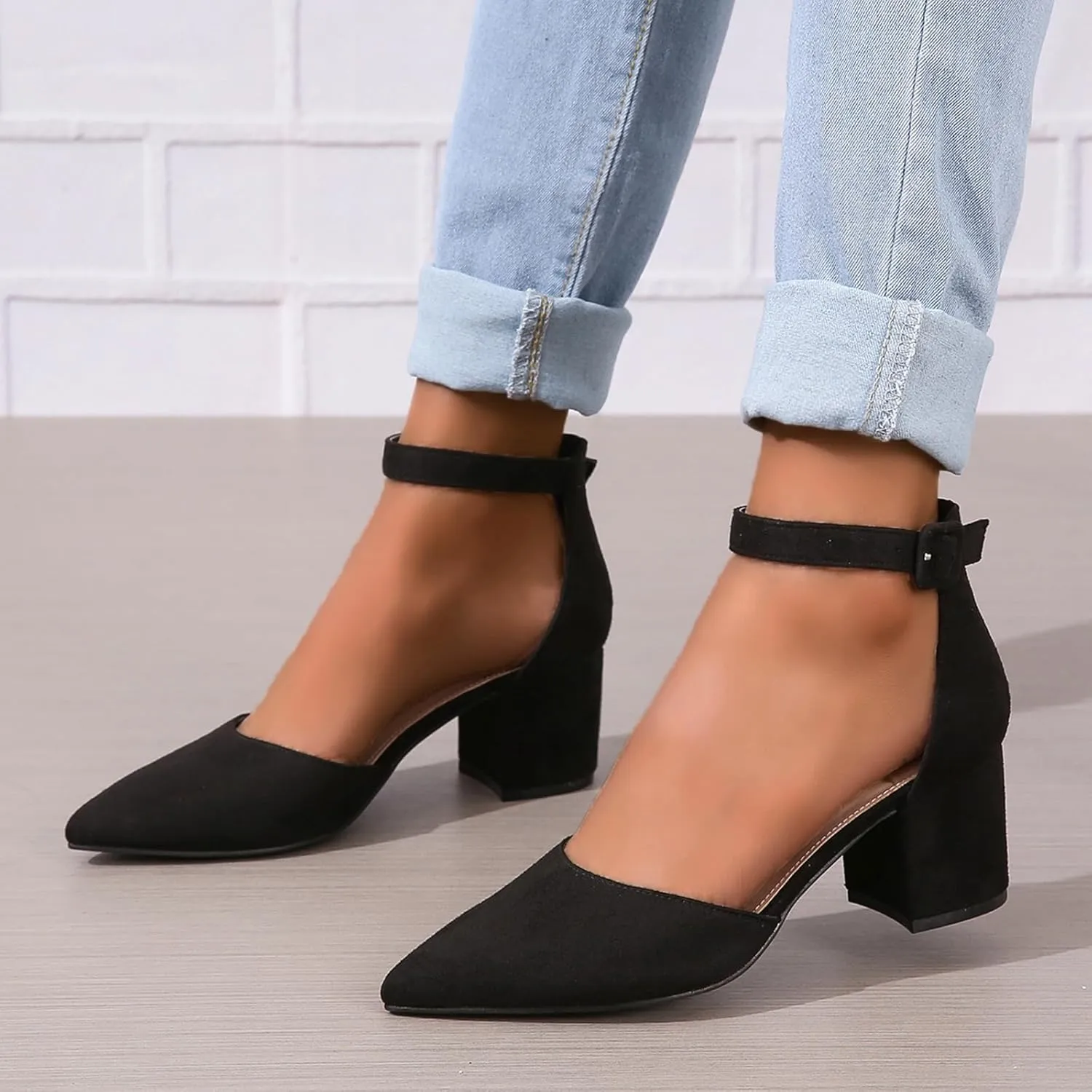 Generic Women's Closed Pointed Toe Ankle Strap Low Block Chunky Heels Sandals Wedding Party Dress Pumps Shoes