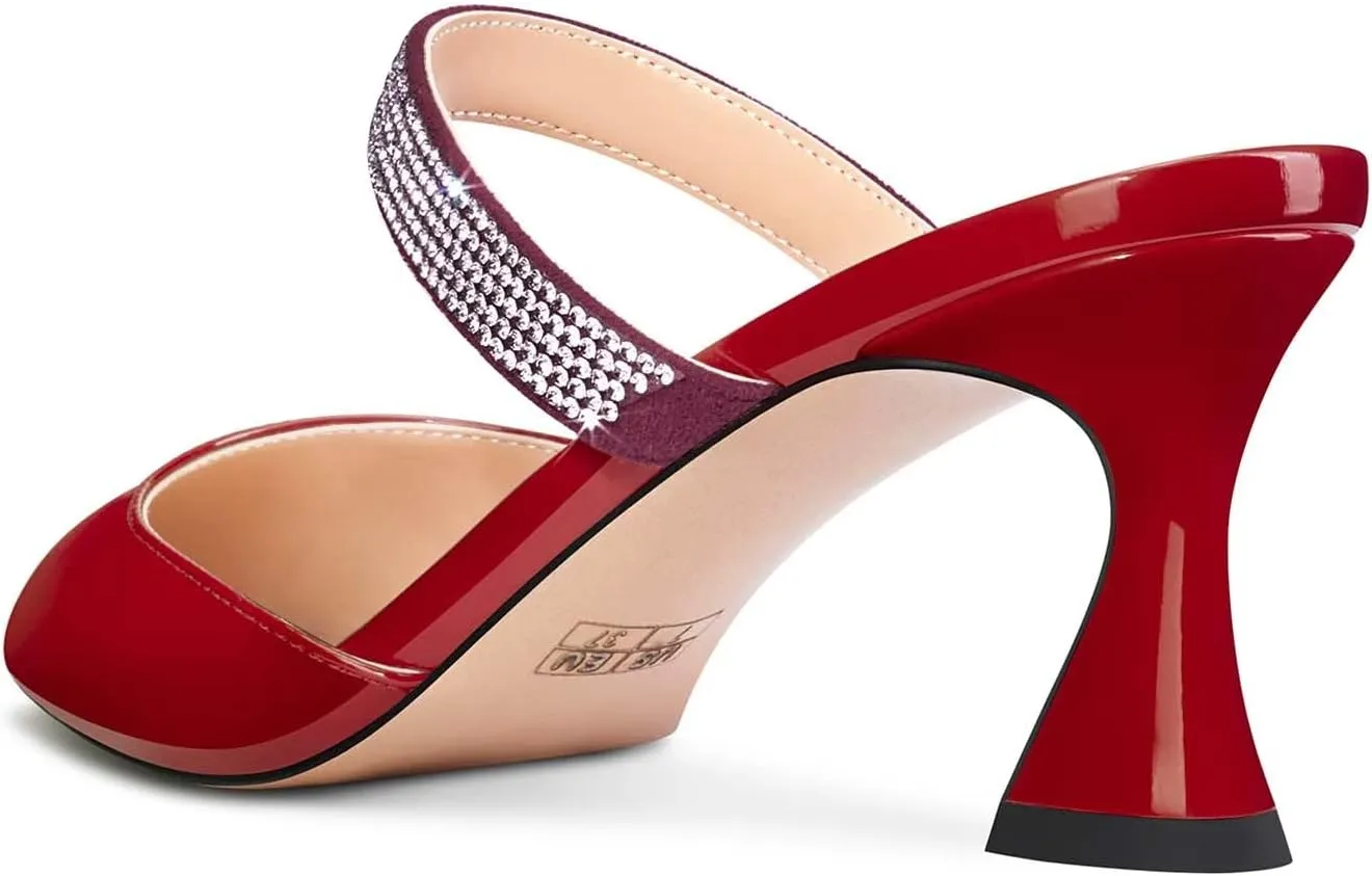 HEUIVZAR Women Chunky Block Mid Heel Pointed Toe Sandals Slingback Slip-on Rhinestone Crystal Party Dress 2.6 Inches Heels
