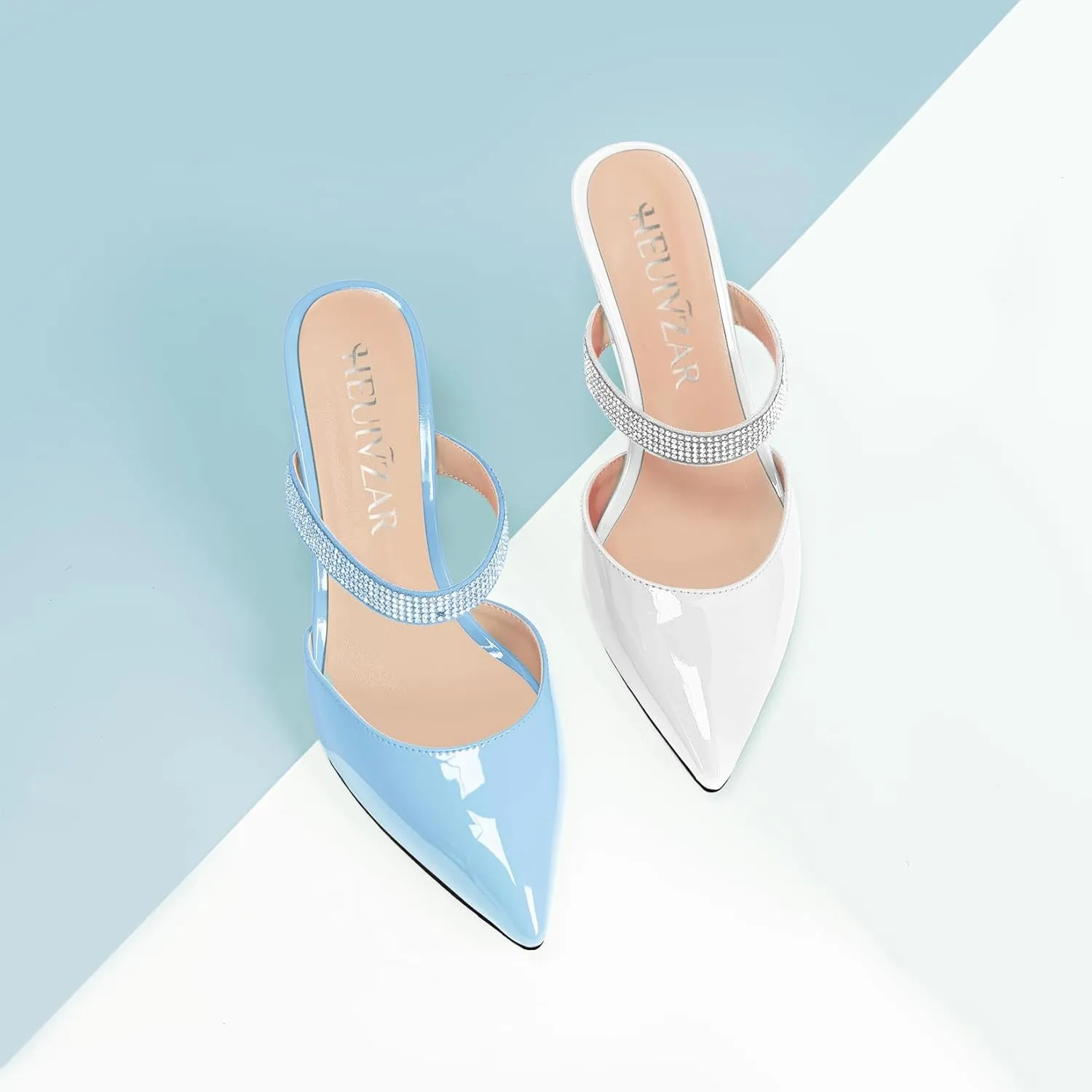 HEUIVZAR Women Chunky Block Mid Heel Pointed Toe Sandals Slingback Slip-on Rhinestone Crystal Party Dress 2.6 Inches Heels