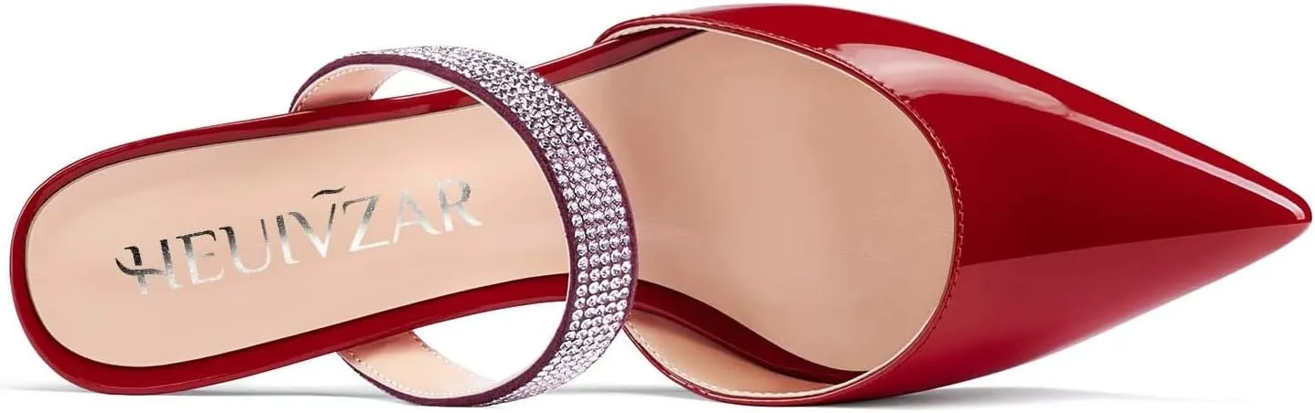HEUIVZAR Women Chunky Block Mid Heel Pointed Toe Sandals Slingback Slip-on Rhinestone Crystal Party Dress 2.6 Inches Heels