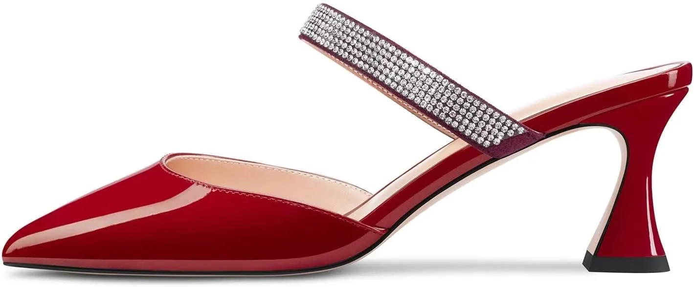 HEUIVZAR Women Chunky Block Mid Heel Pointed Toe Sandals Slingback Slip-on Rhinestone Crystal Party Dress 2.6 Inches Heels