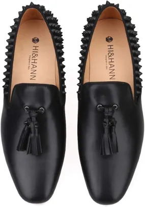 HI&HANN Men's Luxury Loafer Leather Vamp with Spikes Leather Tassels and Spikes Flats Smoking Slipper