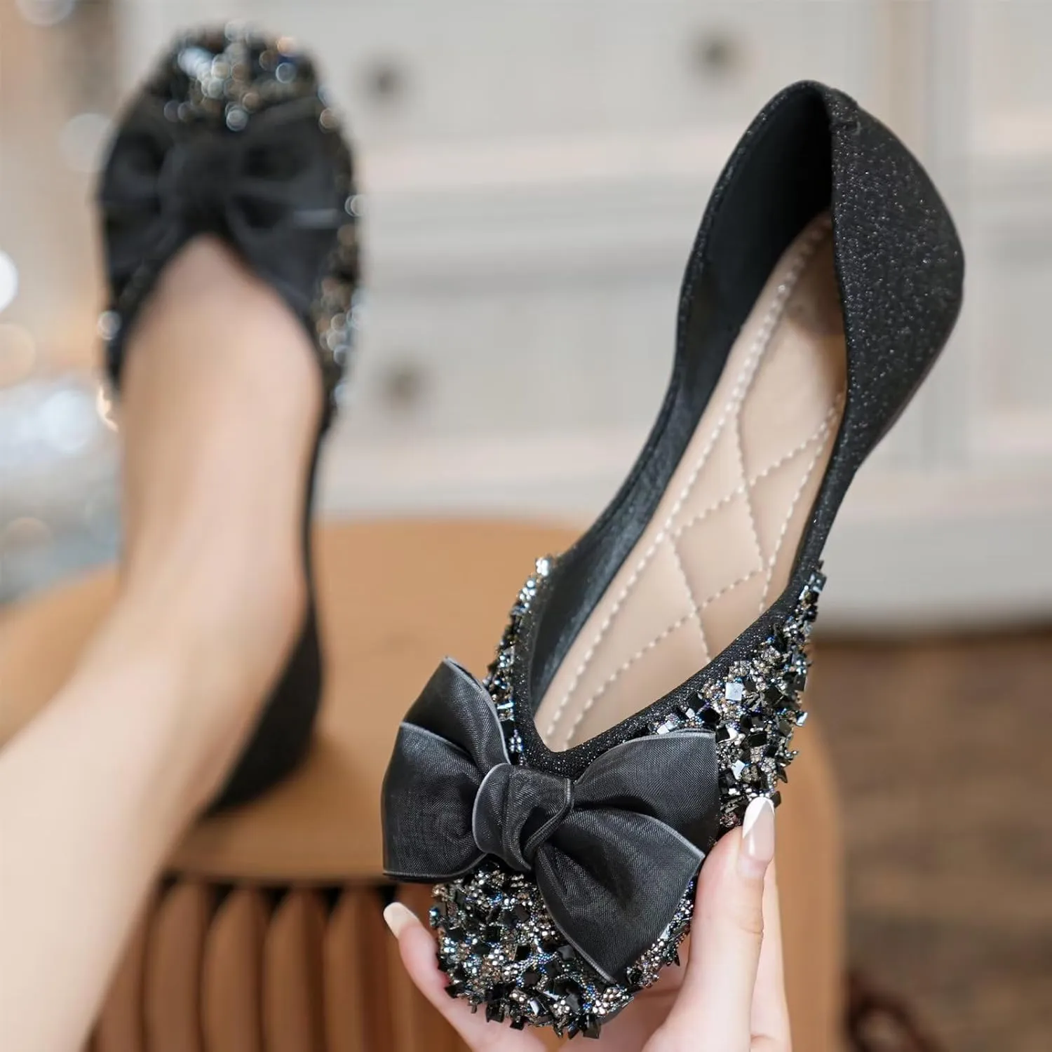 INEELUYI Ballet Flats for Women Elegant Bowtie Square Toe Dress Shoes Slip on Anti-Slip Driving Loafers