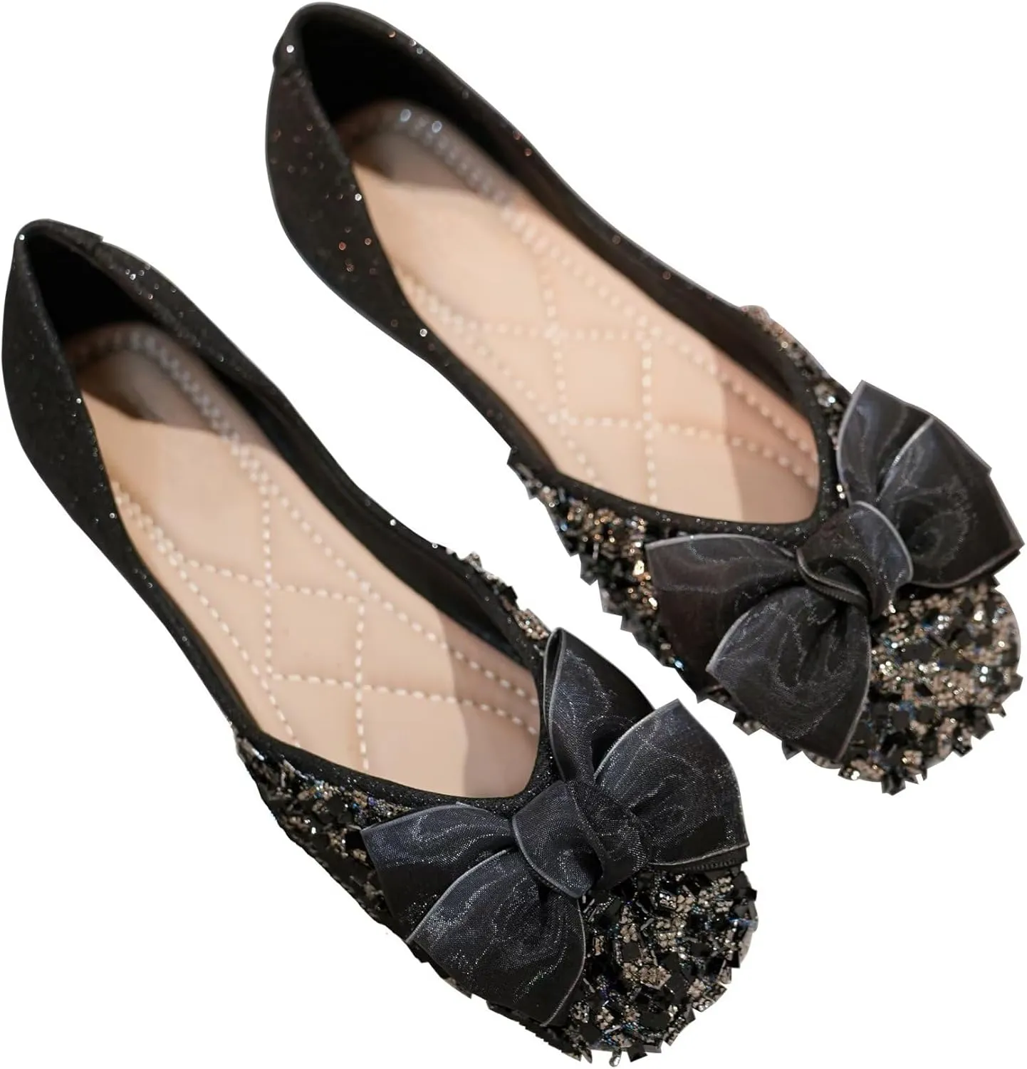 INEELUYI Ballet Flats for Women Elegant Bowtie Square Toe Dress Shoes Slip on Anti-Slip Driving Loafers