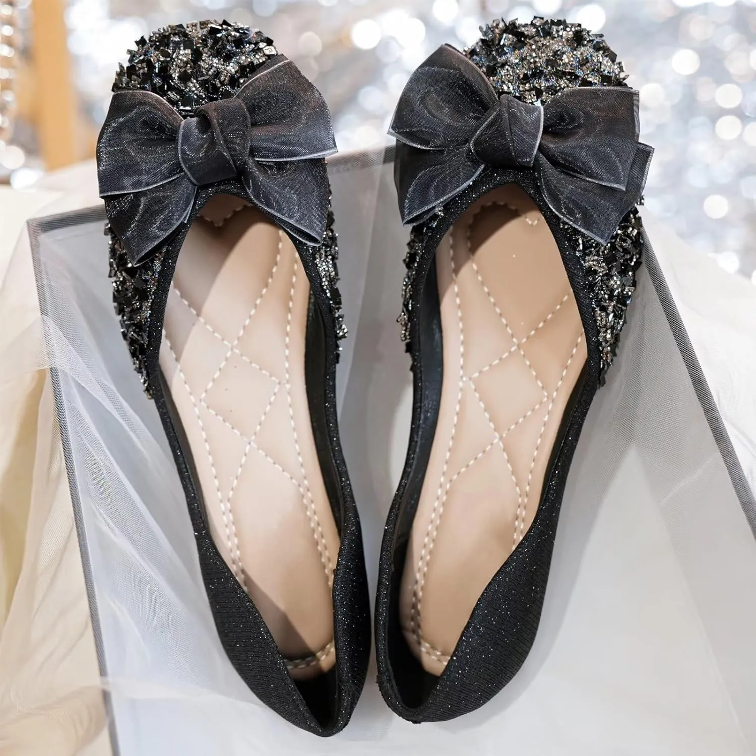 INEELUYI Ballet Flats for Women Elegant Bowtie Square Toe Dress Shoes Slip on Anti-Slip Driving Loafers