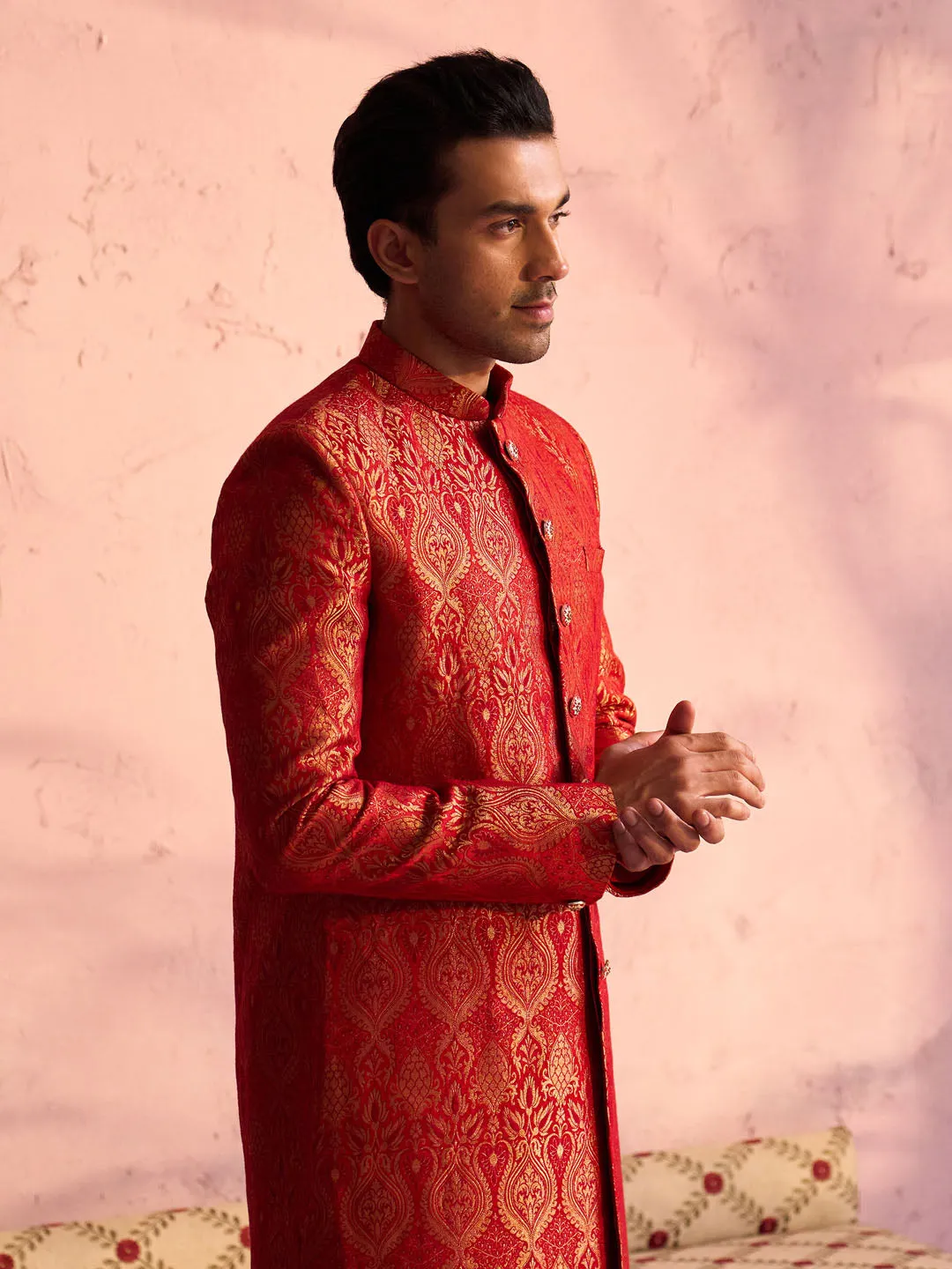 Jashvi Men's Red Jacquard Sherwani Set