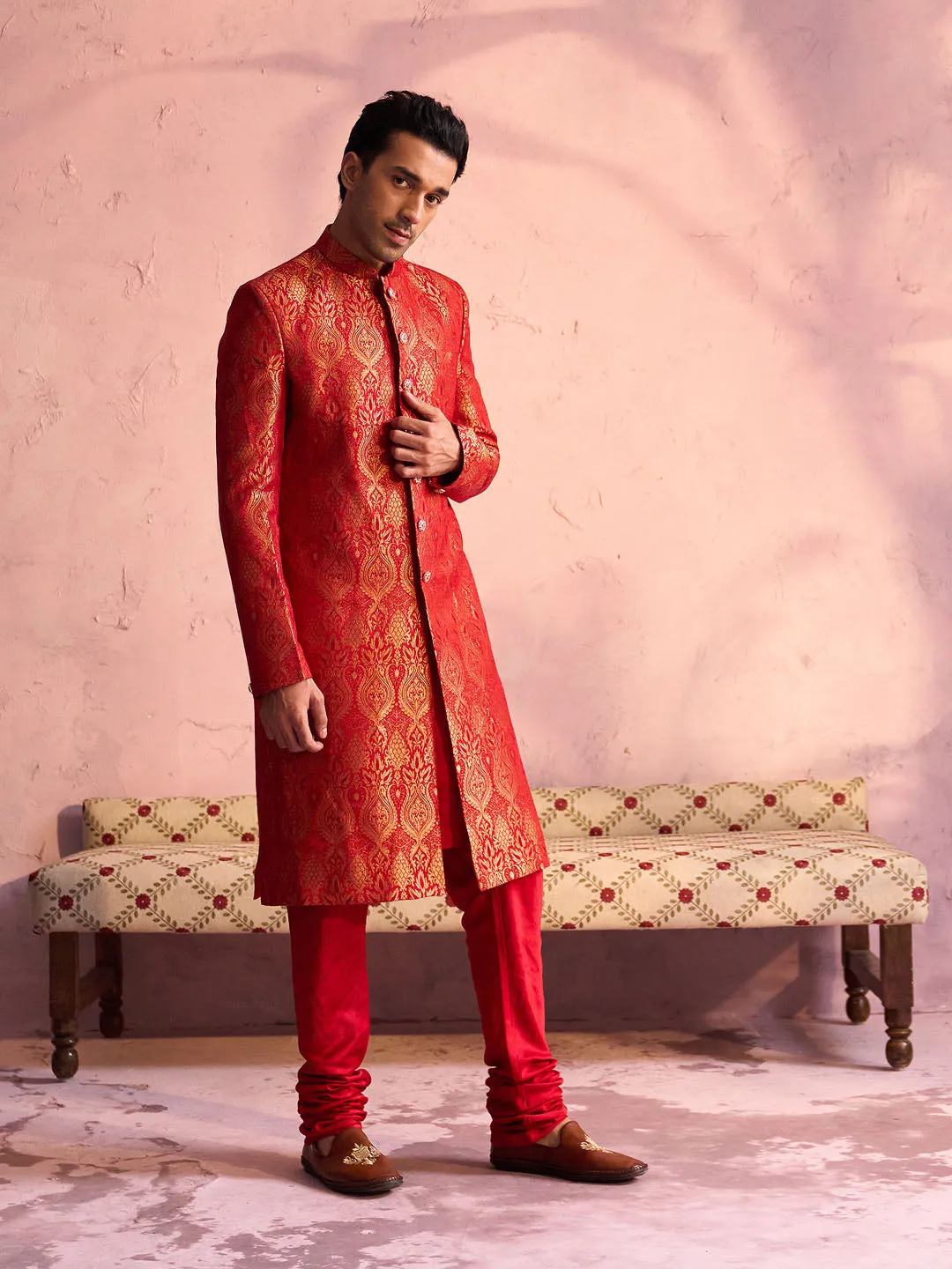 Jashvi Men's Red Jacquard Sherwani Set
