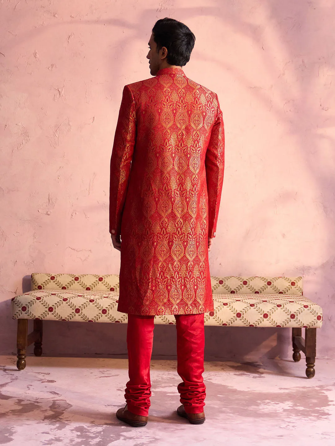 Jashvi Men's Red Jacquard Sherwani Set