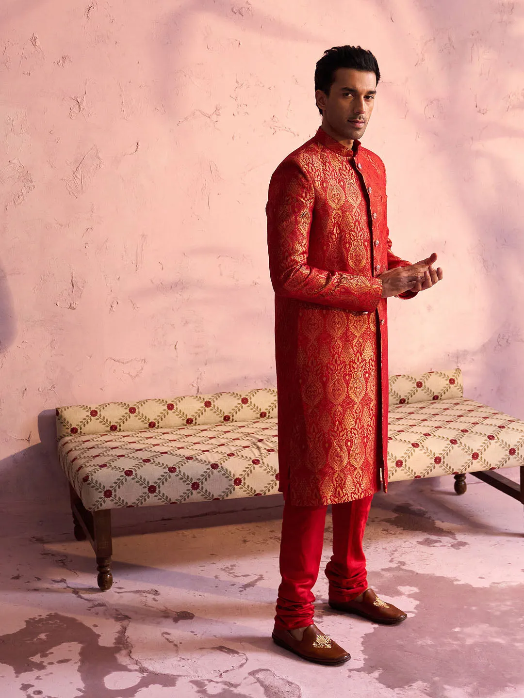 Jashvi Men's Red Jacquard Sherwani Set