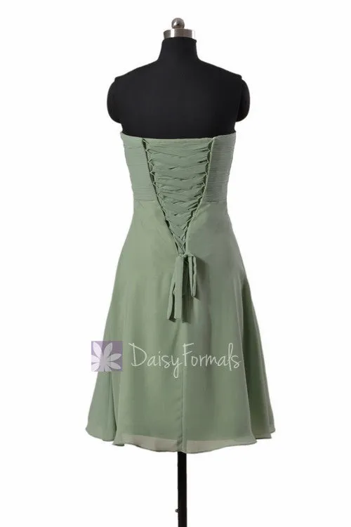 Knee Length Chiffon Dress Sweetheart Green Bridesmaid Dress W/Hand Made Flowers(BM8534)