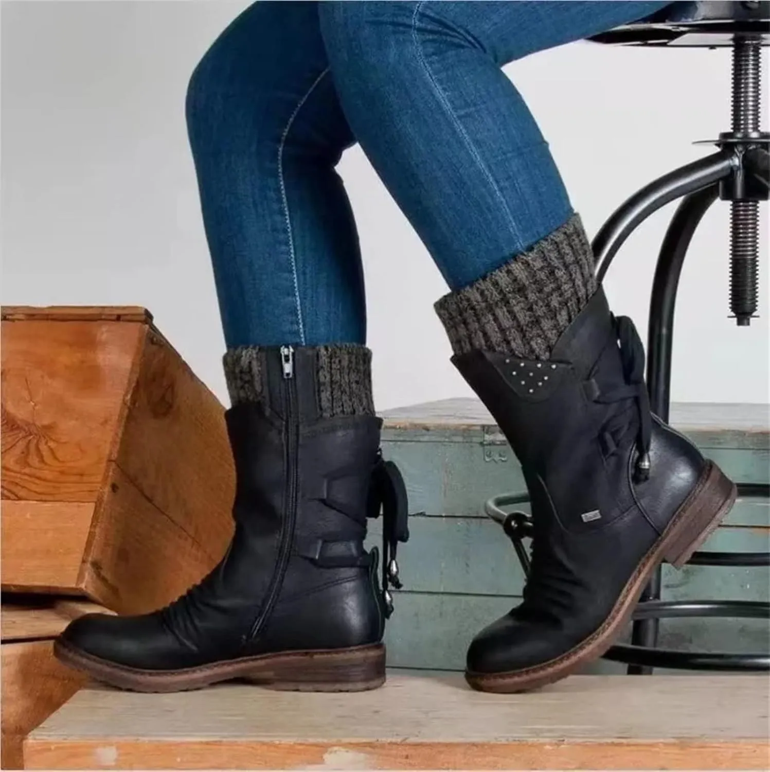 Ladmiple Boots For Women 2024 Low Heel Ankle Bootie Winter Side Zipper Mid Calf Combat Western Motorcycle Riding Biker Boots