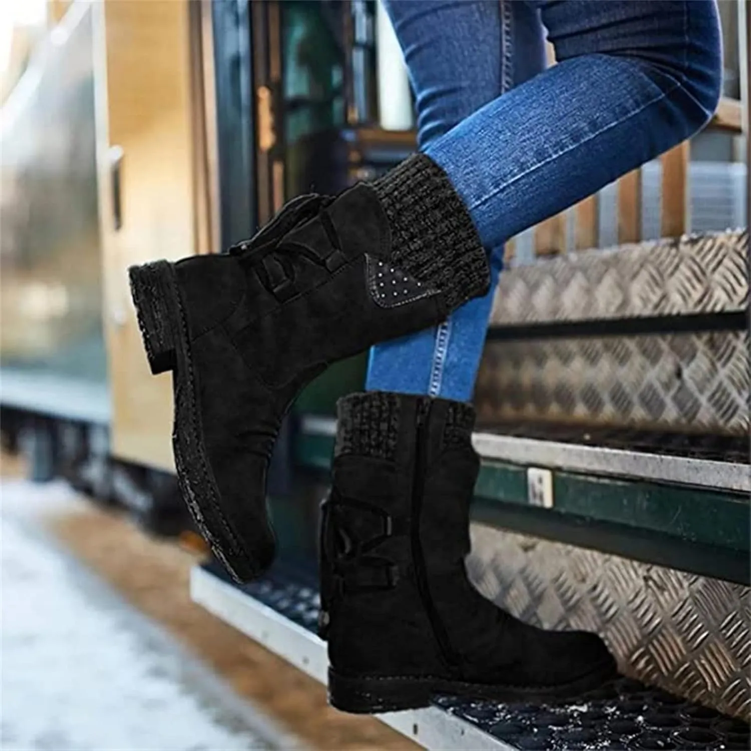 Ladmiple Boots For Women 2024 Low Heel Ankle Bootie Winter Side Zipper Mid Calf Combat Western Motorcycle Riding Biker Boots