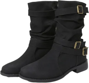 Ladmiple Boots For Women Low Heel Mid Calf Combat Boots Side Zipper Motorcycle Riding Military Biker Winter Ankle Booties