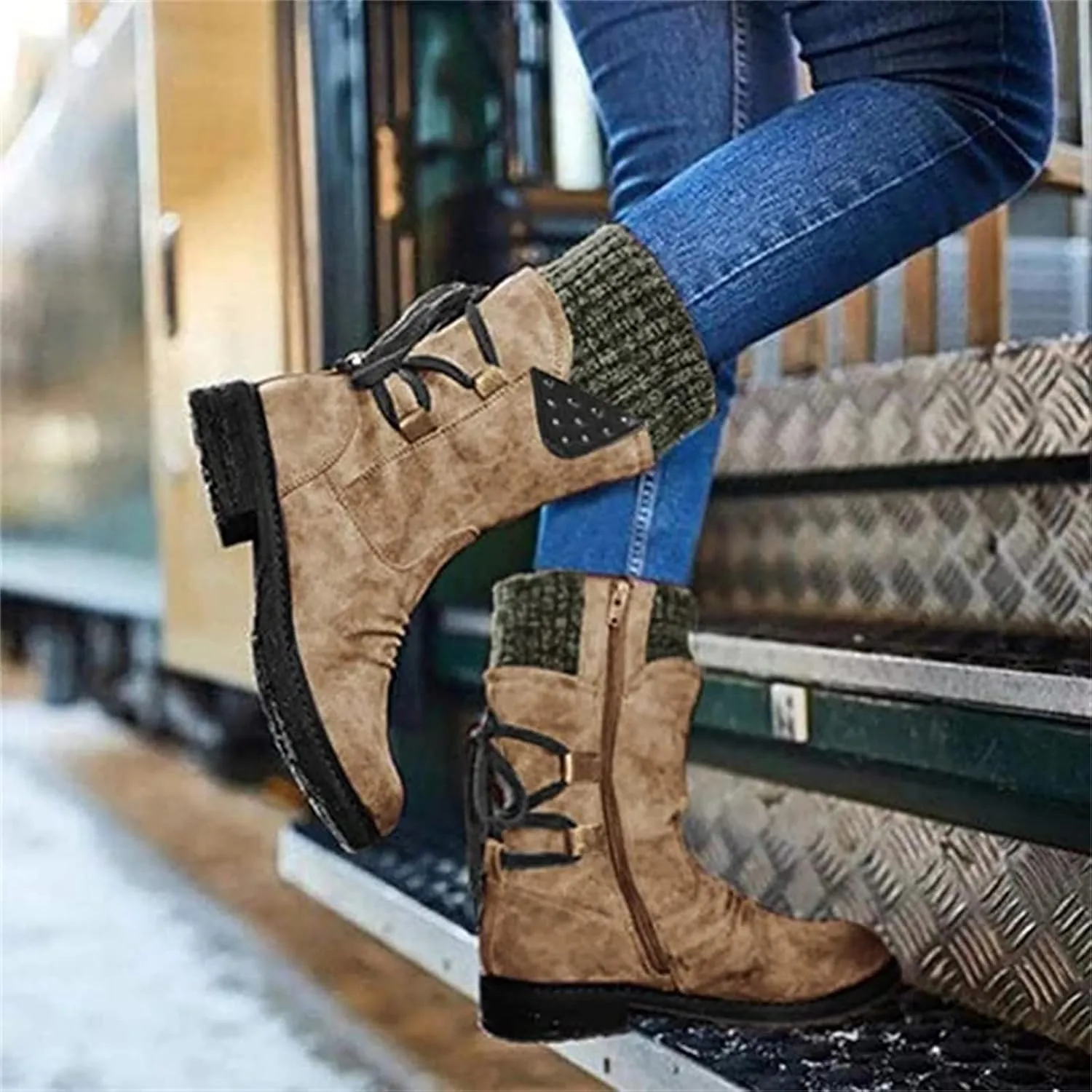 Ladmiple Boots For Women Low Heel Mid Calf Combat Military Shoes Motorcycle Riding Biker Western Dress Ankle Booties