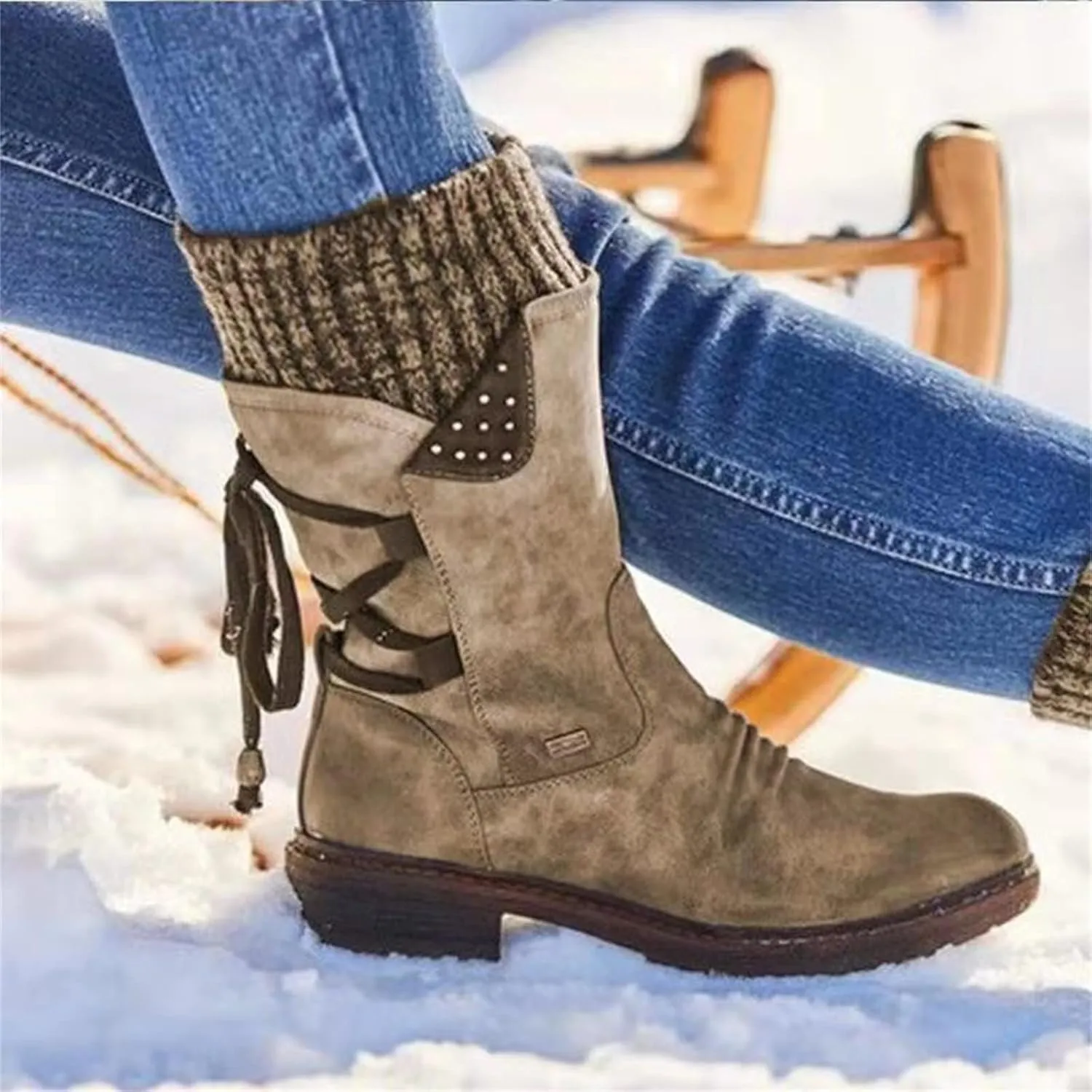 Ladmiple Boots For Women Low Heel Mid Calf Combat Military Shoes Motorcycle Riding Biker Western Dress Ankle Booties