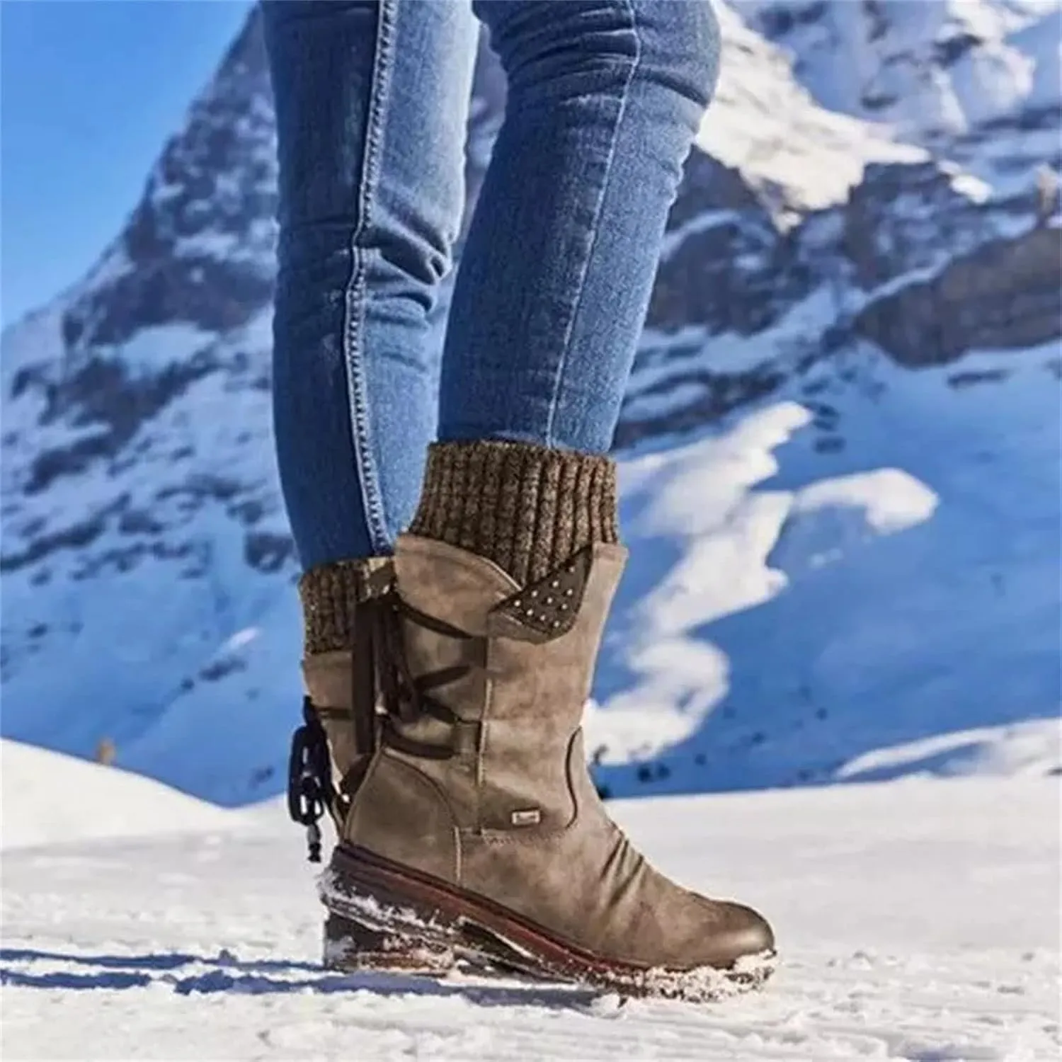Ladmiple Boots For Women Low Heel Mid Calf Combat Military Shoes Motorcycle Riding Biker Western Dress Ankle Booties