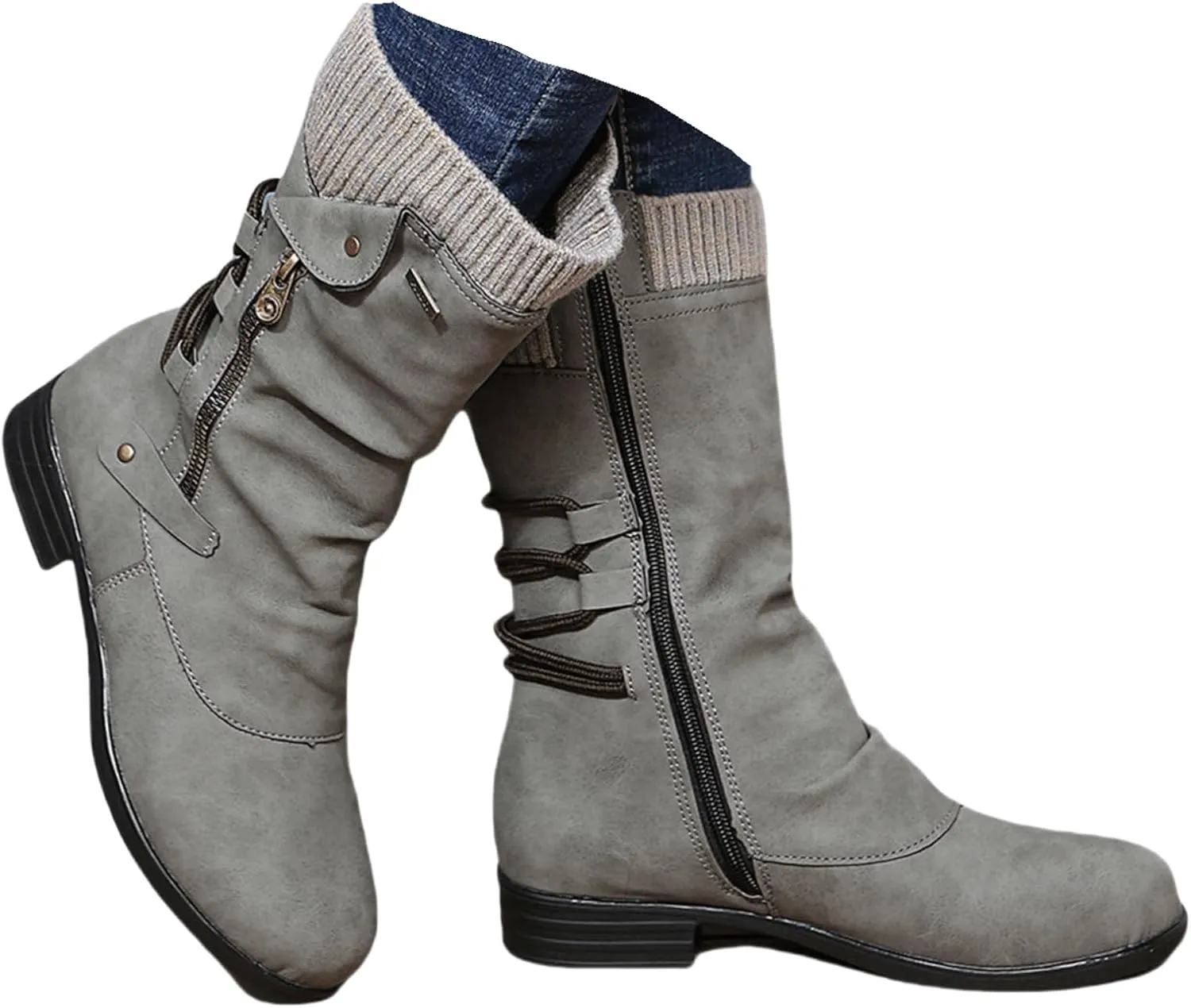 Ladmiple Combat Boots Womens Mid Calf Biker Boots Side Zipper Low Heel Motorcycle Fashion Festival Riding Military Booties