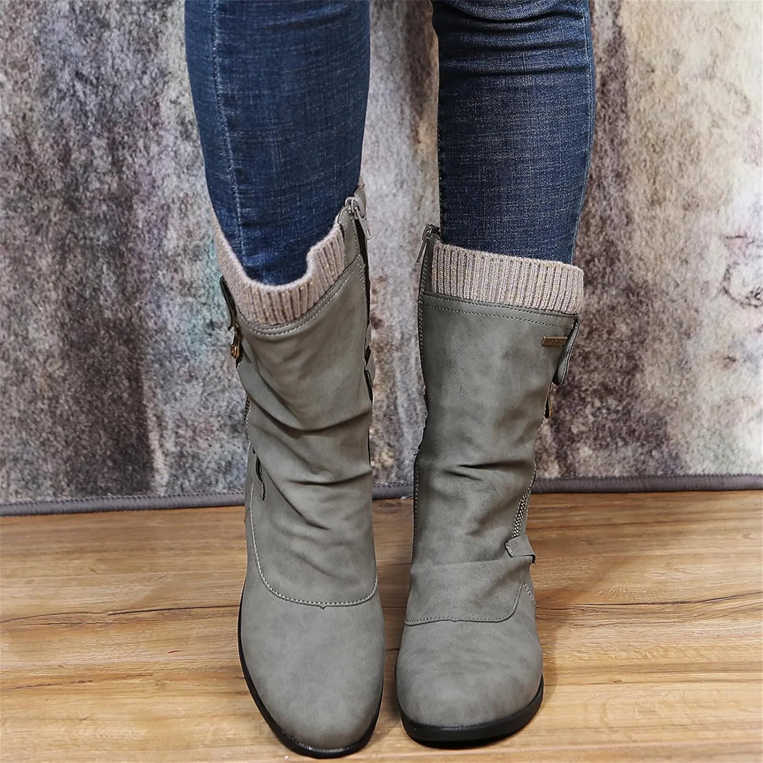 Ladmiple Combat Boots Womens Mid Calf Biker Boots Side Zipper Low Heel Motorcycle Fashion Festival Riding Military Booties