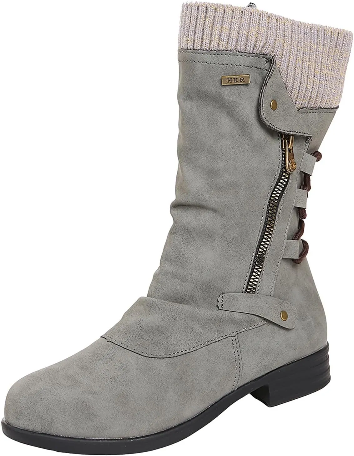 Ladmiple Combat Boots Womens Mid Calf Biker Boots Side Zipper Low Heel Motorcycle Fashion Festival Riding Military Booties