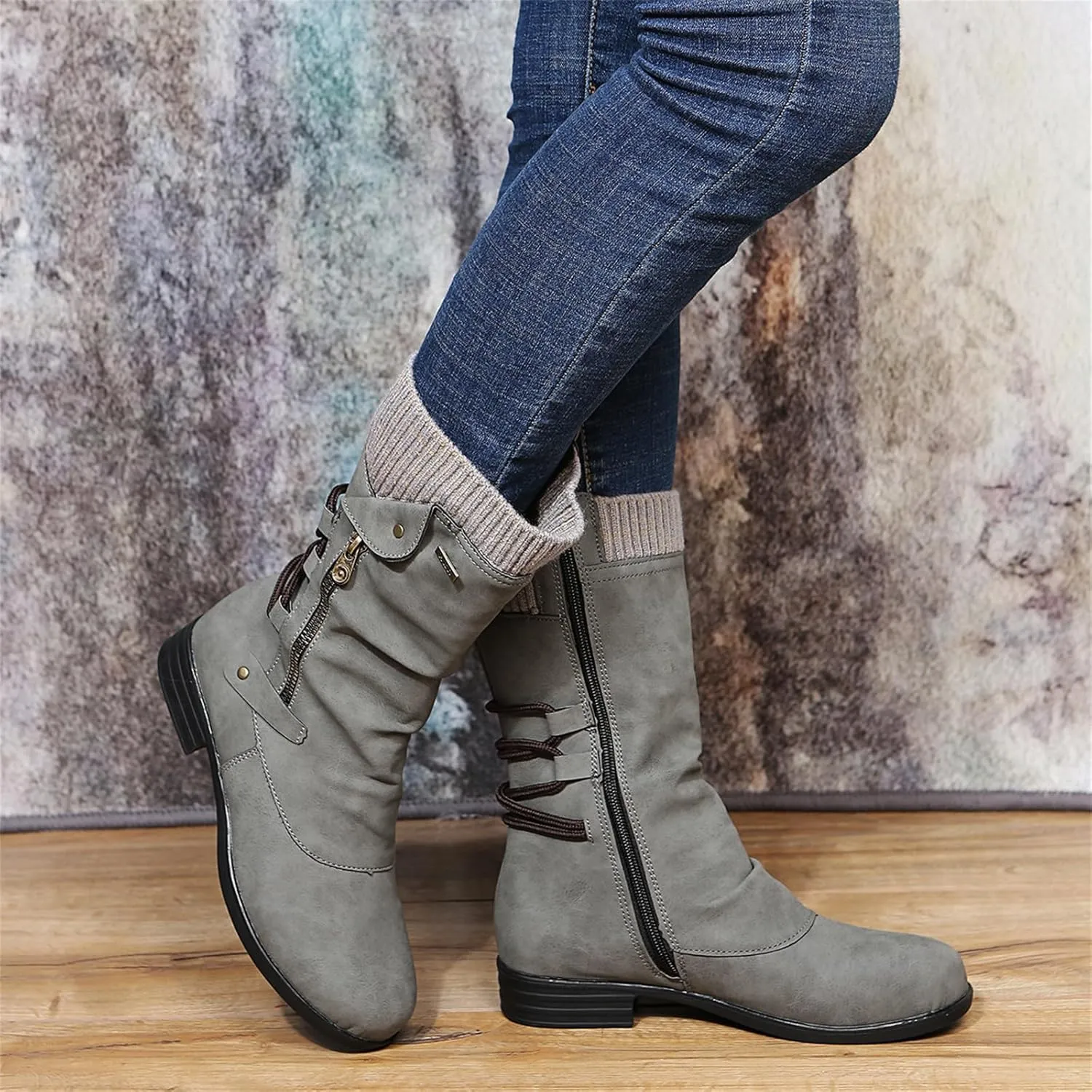 Ladmiple Combat Boots Womens Mid Calf Biker Boots Side Zipper Low Heel Motorcycle Fashion Festival Riding Military Booties