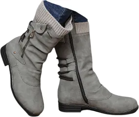 Ladmiple Combat Boots Womens Mid Calf Biker Boots Side Zipper Low Heel Motorcycle Fashion Festival Riding Military Booties