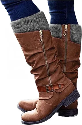 Lausiuoe Boots For Women Low Heel Sexy Western Cowboy Pointed Toe Knee High Cowgirl Wide Calf Fashion Chunky Booties