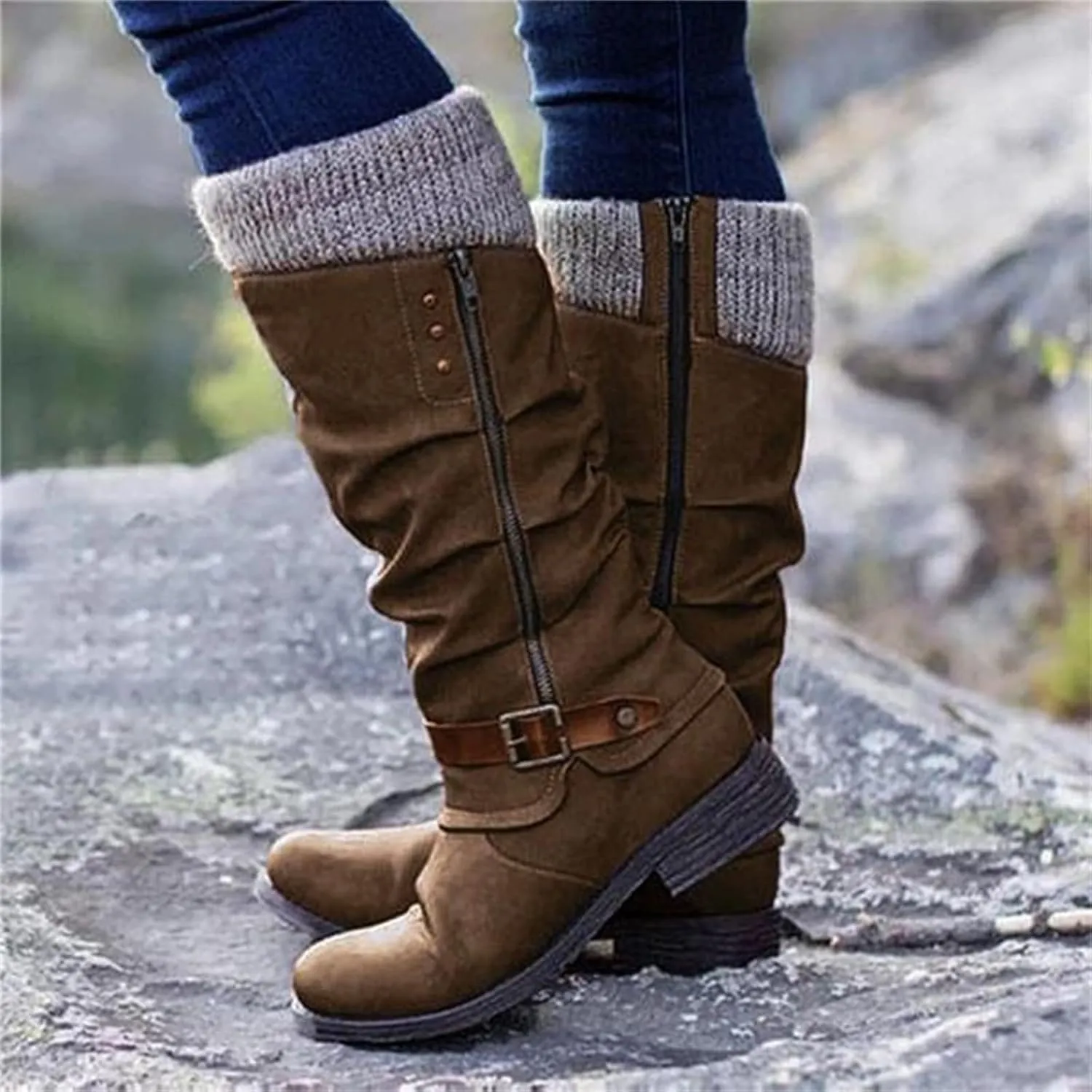 Lausiuoe Boots For Women Low Heel Sexy Western Cowboy Pointed Toe Knee High Cowgirl Wide Calf Fashion Chunky Booties