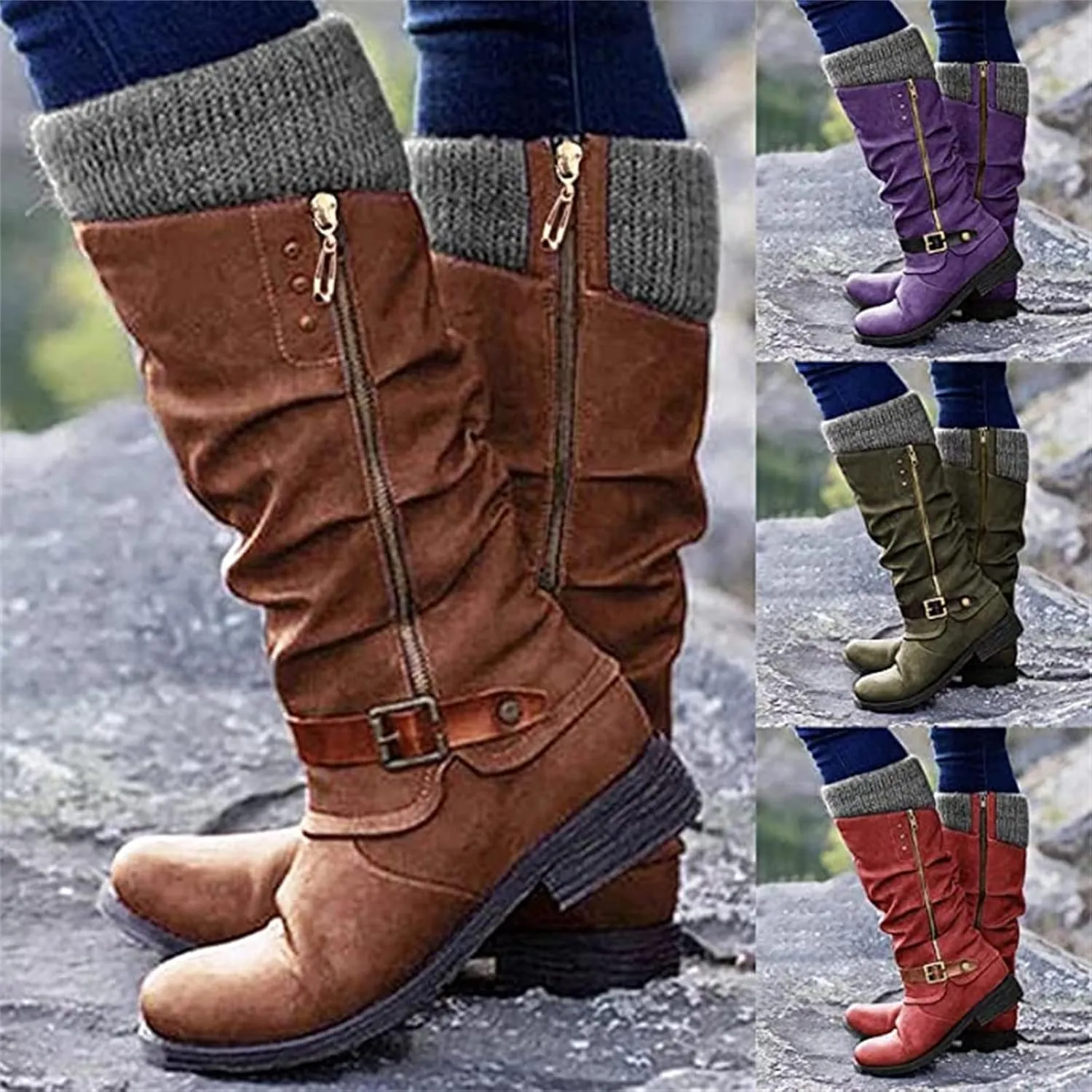 Lausiuoe Boots For Women Low Heel Sexy Western Cowboy Pointed Toe Knee High Cowgirl Wide Calf Fashion Chunky Booties