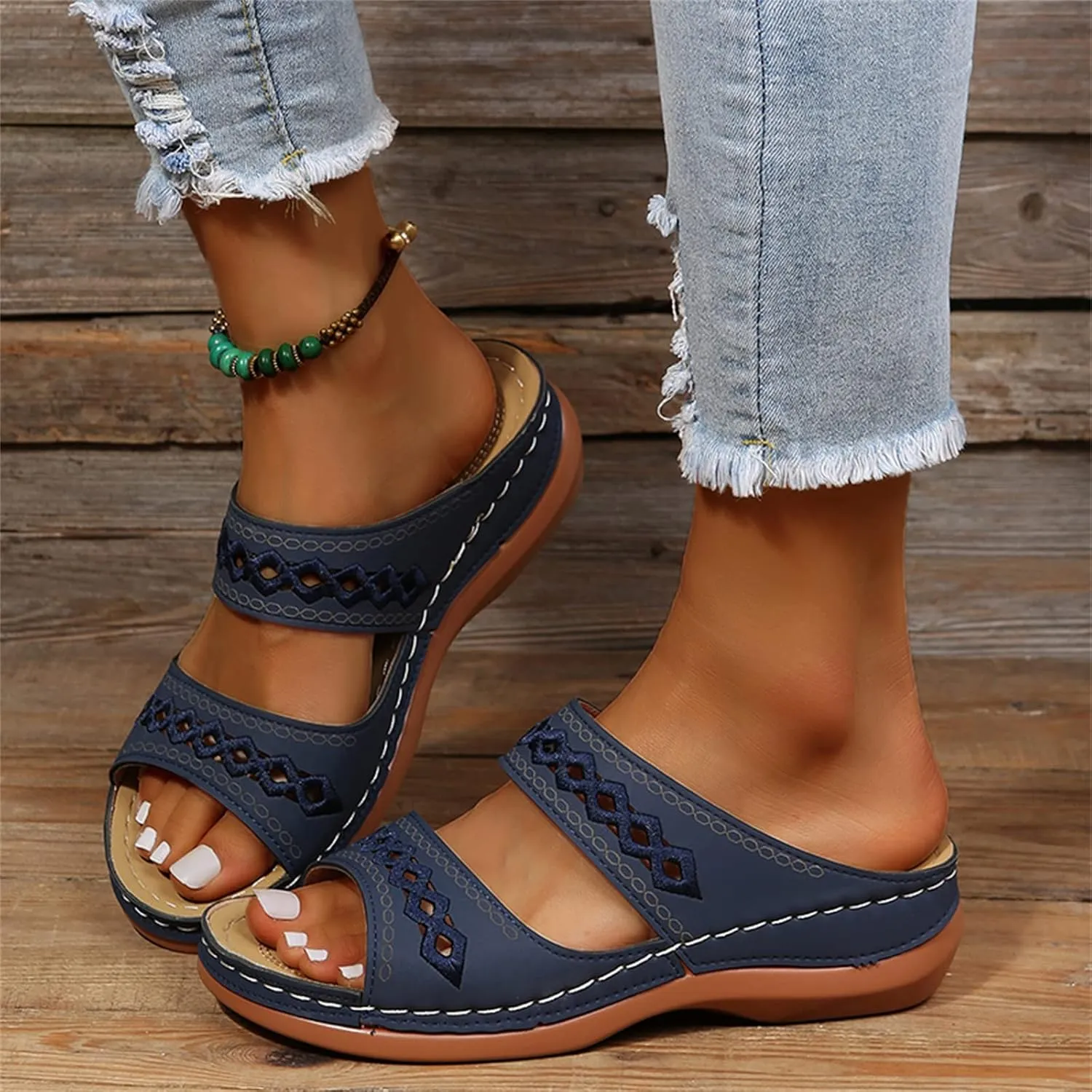 Lausiuoe Orthopedic Sandals For Women Plantar Fasciitis Arch Heel Support Orthotic Flip Flops Low Wedge Comfortable Slides