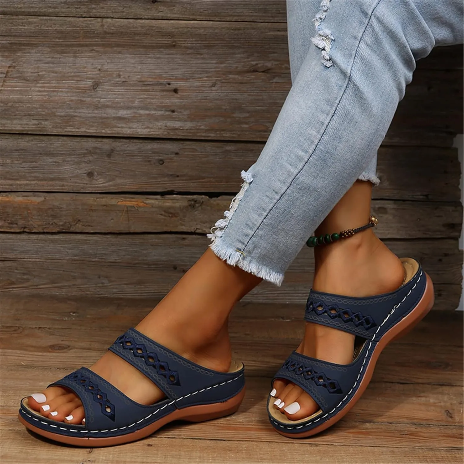 Lausiuoe Orthopedic Sandals For Women Plantar Fasciitis Arch Heel Support Orthotic Flip Flops Low Wedge Comfortable Slides