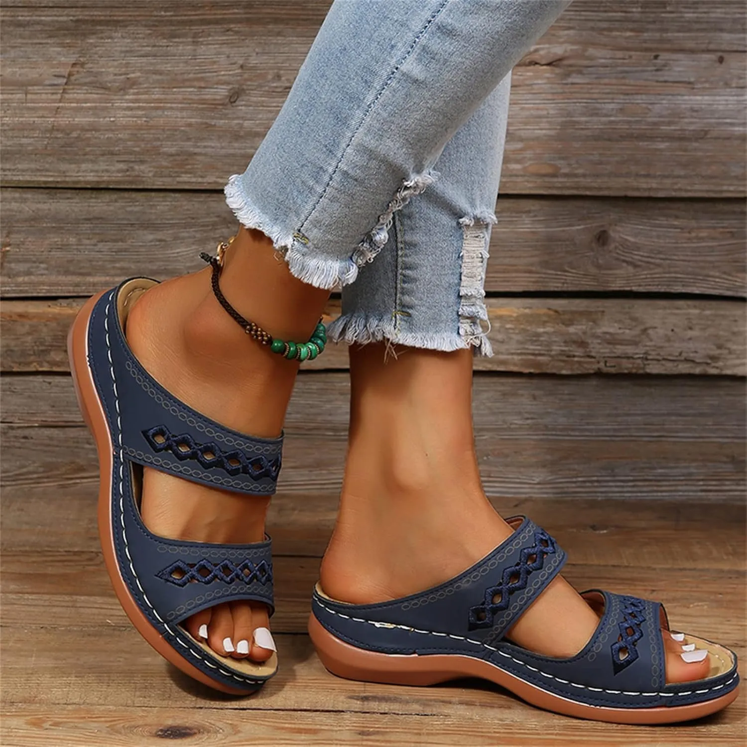 Lausiuoe Orthopedic Sandals For Women Plantar Fasciitis Arch Heel Support Orthotic Flip Flops Low Wedge Comfortable Slides