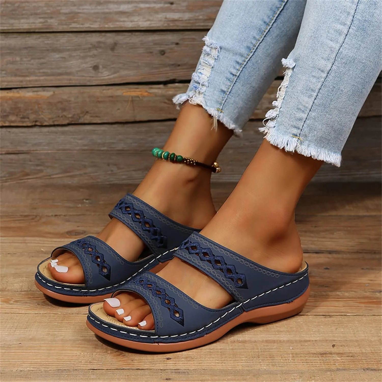 Lausiuoe Orthopedic Sandals For Women Plantar Fasciitis Arch Heel Support Orthotic Flip Flops Low Wedge Comfortable Slides