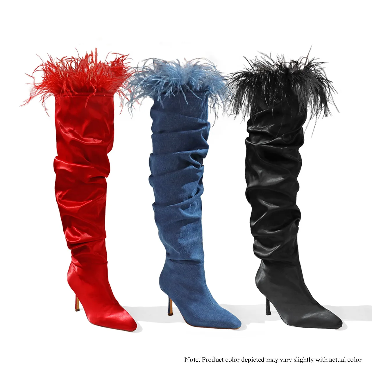 LUISA-4 THIGH HIGH BOOTS W/ OSTRICH FEATHER ON COLLAR - RED