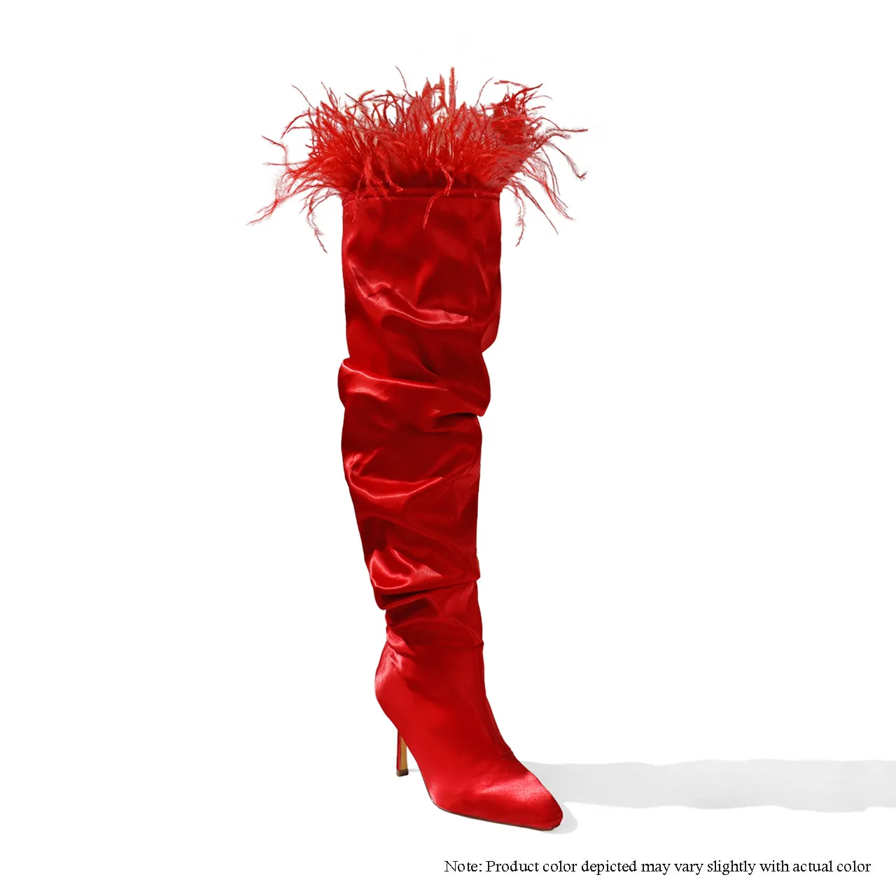 LUISA-4 THIGH HIGH BOOTS W/ OSTRICH FEATHER ON COLLAR - RED